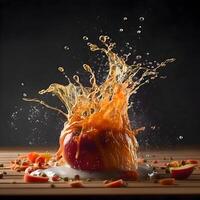 Chocolate fondue with falling donuts and fruit on black background, Image photo