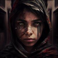 Fashion portrait of a beautiful girl with blood on her face., Image photo