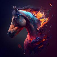 caballo con fuego llamas en un oscuro antecedentes. 3d representación, ai generativo imagen foto