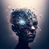 Futuristic head of a man with abstract brain. Artificial intelligence concept., Image photo