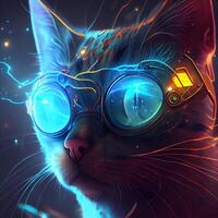 Futuristic cat with futuristic glasses. 3d rendering illustration., Image photo