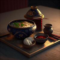 Traditional chinese soup on wooden table, 3d render. Chinese cuisine, Image photo