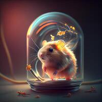 Hamster in a glass vase on a dark background. 3d rendering, Image photo