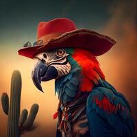 Portrait of a colorful macaw parrot with cowboy hat in the desert, Image photo