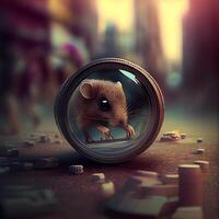 3d rendering of a mouse in a camera lens on a blurred background, Image photo