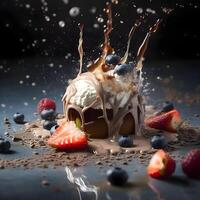 Chocolate cake with raspberries and blueberries on a dark background, Image photo