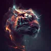 tiger with fire effect on dark background, digital painting, illustration, Image photo