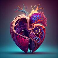 humano corazón anatomía en oscuro antecedentes. 3d ilustración. Copiar espacio., ai generativo imagen foto