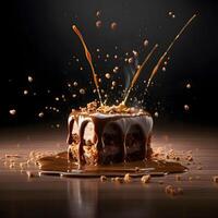 Chocolate pudding with raspberries and melted chocolate on dark background, Image photo