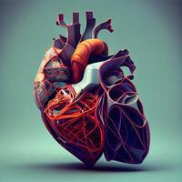 humano corazón en azul antecedentes. 3d ilustración, 3d representación, ai generativo imagen foto