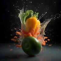 Fresh vegetables falling into water with splash on black background. Healthy food concept., Image photo