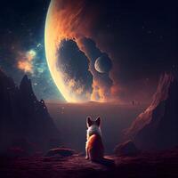 Red fox sitting on the background of the planet and the moon., Image photo