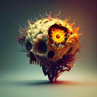 Human skull in fire on a dark background. 3D illustration., Image photo