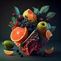 Fruit and berry bouquet on dark background. 3d illustration, Image photo