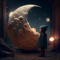 Cute little boy exploring the moon. Mixed media. Mixed media, Image photo