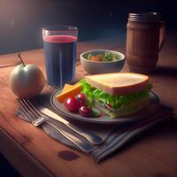 sandwich and glass of red wine on wooden table. 3d illustration, Image photo