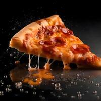 Pizza with flying ingredients on black background, splashes of pizza, Image photo