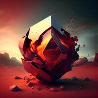 3d render of crystal ball with cracked surface on red sunset background, Image photo