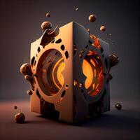 Abstract 3d illustration of black cube with orange parts on dark background, Image photo