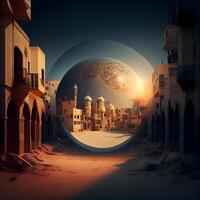 Ramadan Kareem background with mosque and moon. 3d rendering, Image photo