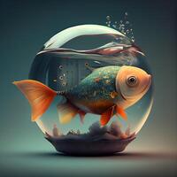 Goldfish in a glass bowl with a door. 3d rendering, Image photo