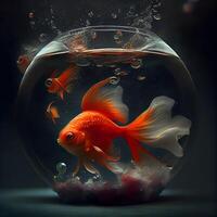 Goldfish in a round aquarium with bubbles. 3d illustration., Image photo