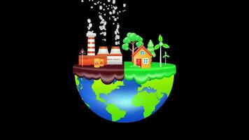 Spinning earth animation with factory and green energy theme, 3d vector video
