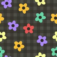 Flowers seamless pattern. Retro seamless pattern with colorful flowers and black background. Black plaid background. Illustration vector 10 eps.