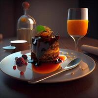 Chocolate cake on a plate with a glass of champagne and candies, Image photo