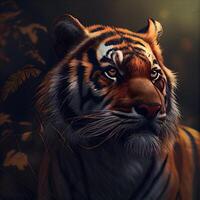 Portrait of a tiger on a background of the forest. Digital painting., Image photo