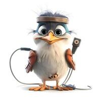 3D rendering of a cute cartoon penguin with a power cable, Image photo