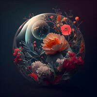 Beautiful fantasy planet with flowers and moon on dark background. illustration., Image photo