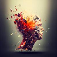 Abstract human head made of shattered pieces. 3d render illustration., Image photo