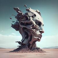 3d rendering of an alien head in the middle of the desert, Image photo