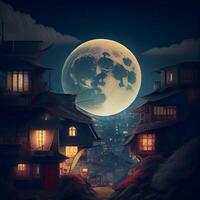 Houses in the city at night with full moon, illustration., Image photo