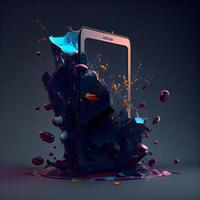 Broken smartphone with splashes on dark background. 3d rendering, Image photo