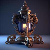 Lantern with golden ornament on dark background. 3D rendering, Image photo