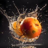 Fruit in water splash, isolated on black background. 3d rendering, Image photo