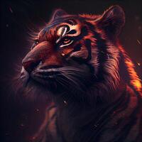 Tiger in the fire on a dark background. Digital painting., Image photo