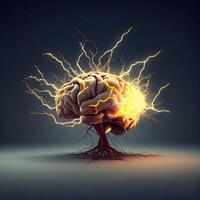 Human brain with lightning on dark background, 3d illustration. Brainstorming concept, Image photo