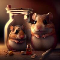 Hamster with a bottle of poison and a syringe on a dark background, Ai Generative Image photo