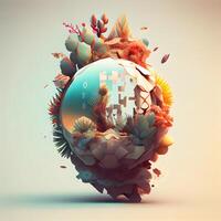Fantasy planet with animals and plants. 3d illustration. Vintage style., Image photo