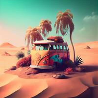 Vintage camper van in the desert - 3D illustration., Image photo