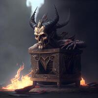 3d illustration of a demon with a fire in the background., Image photo