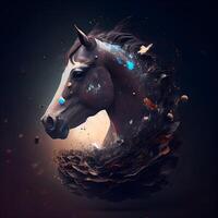 Horse head with fire and smoke on a dark background. 3d rendering, Image photo