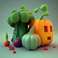 vegetales y hombre en frente de calabaza. 3d prestar, ai generativo imagen foto