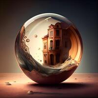 cristal pelota con un casa en el medio. 3d ilustración, ai generativo imagen foto