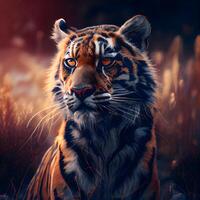siberiano Tigre en el salvaje a puesta de sol. naturaleza fondo., ai generativo imagen foto