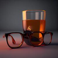 lentes y un vaso de whisky en un oscuro antecedentes. 3d ilustración, ai generativo imagen foto