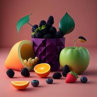 frutas y bayas en un rosado antecedentes. 3d ilustración., ai generativo imagen foto